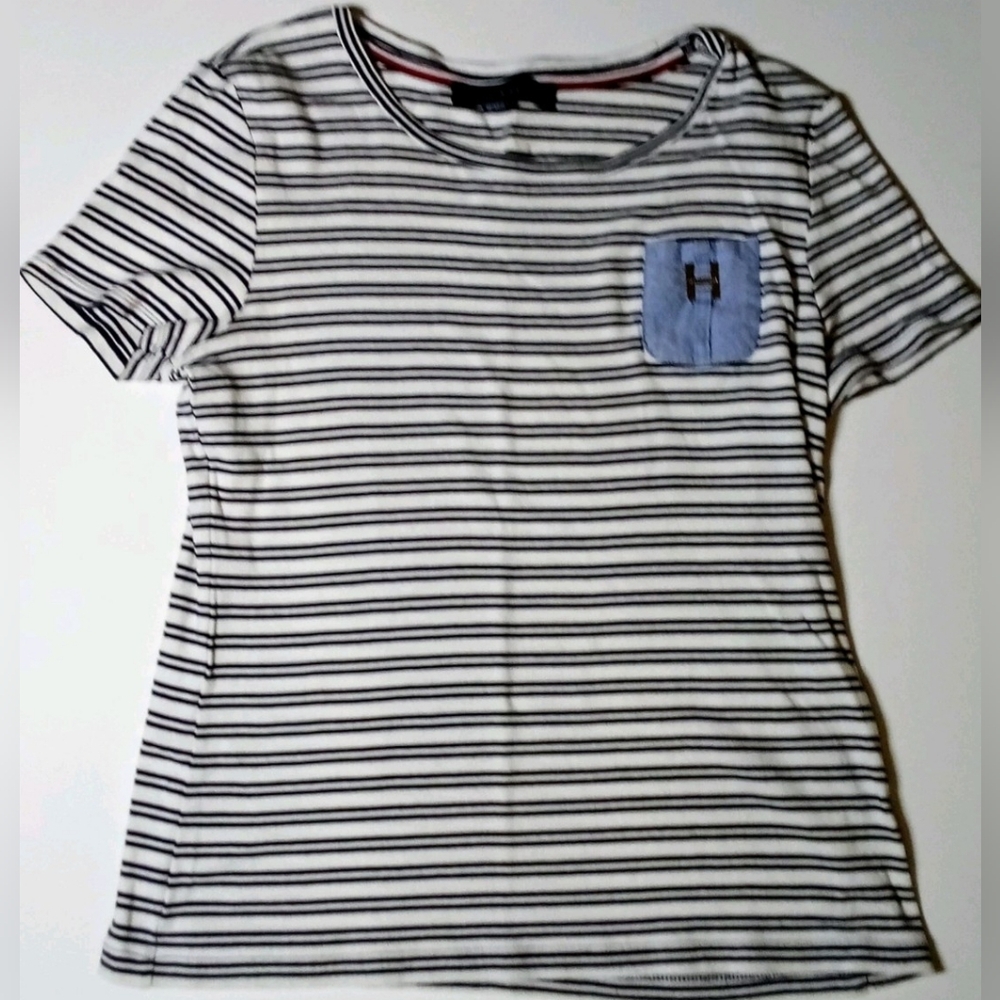 Tommy Hilfiger Navy and White Striped Tee With pocket